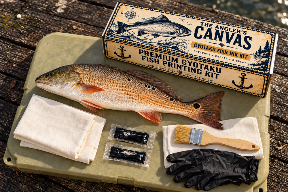 The Angler’s Canvas Standard Pack product mockup with branded box, two ink sachets, printing cloths, plain brush and black gloves beside a fish.