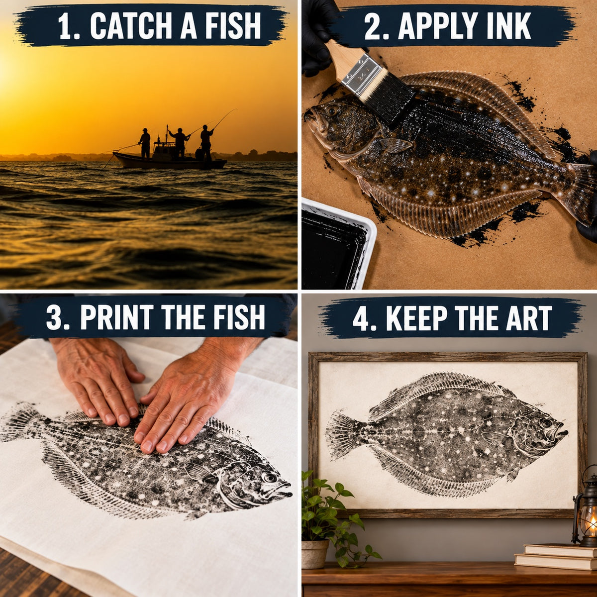 How the Gyotaku kit works: catch a fish, apply ink, press the cloth, then keep and display the finished fish print. Fish and frame are not included.