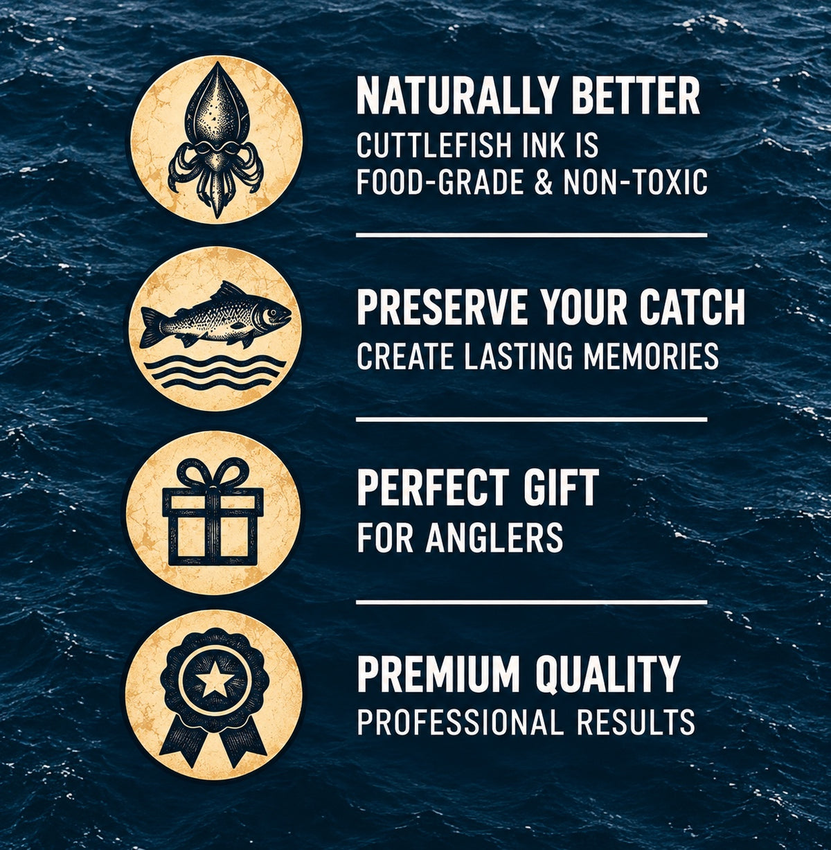 Gyotaku kit benefits: food-grade cuttlefish ink, a lasting fish-print memory, an angler gift and premium printing materials.
