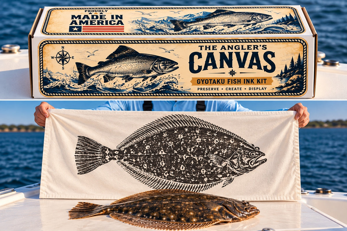 The Angler’s Canvas Standard Pack box beside a finished Gyotaku fish print on cloth; fish and boat are illustrative and not included.
