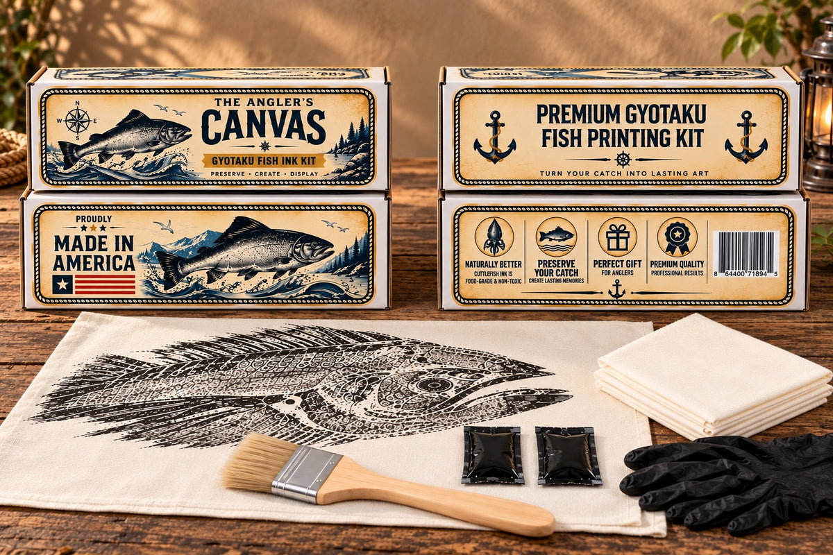 Four views of The Angler’s Canvas Standard Pack box stickers, with cloth, ink pouches, brush and gloves displayed; one box is included, fish is illustrative.