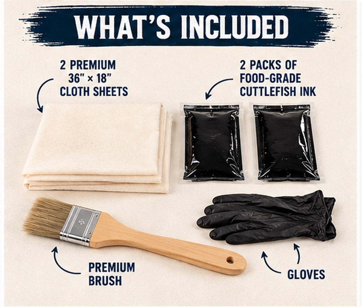 What’s included in one Standard Pack: two 36 by 18 inch cloth sheets, two food-grade cuttlefish ink pouches, one brush and one pair of gloves. Instructions are also included.